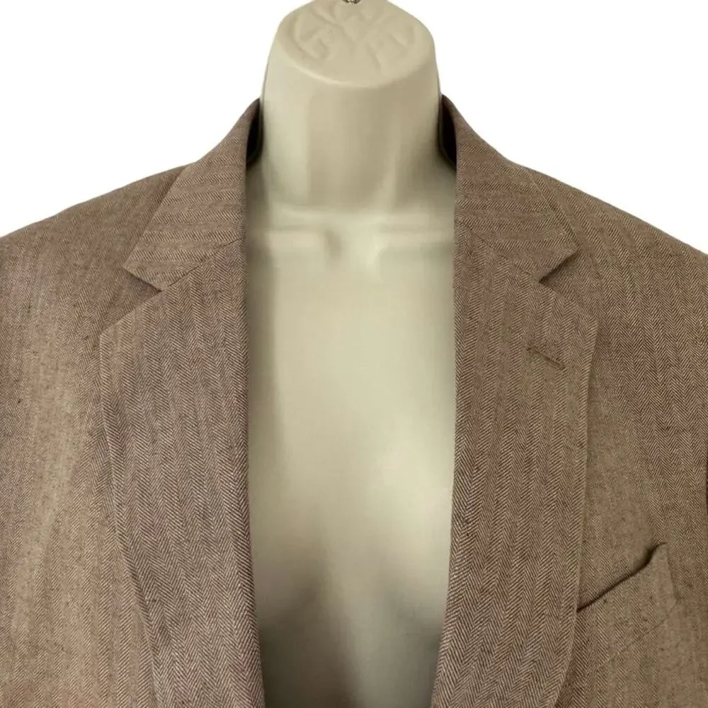 Stafford Signature Classic Fit Brown Herringbone Linen Suit Jacket Blazer 44 R